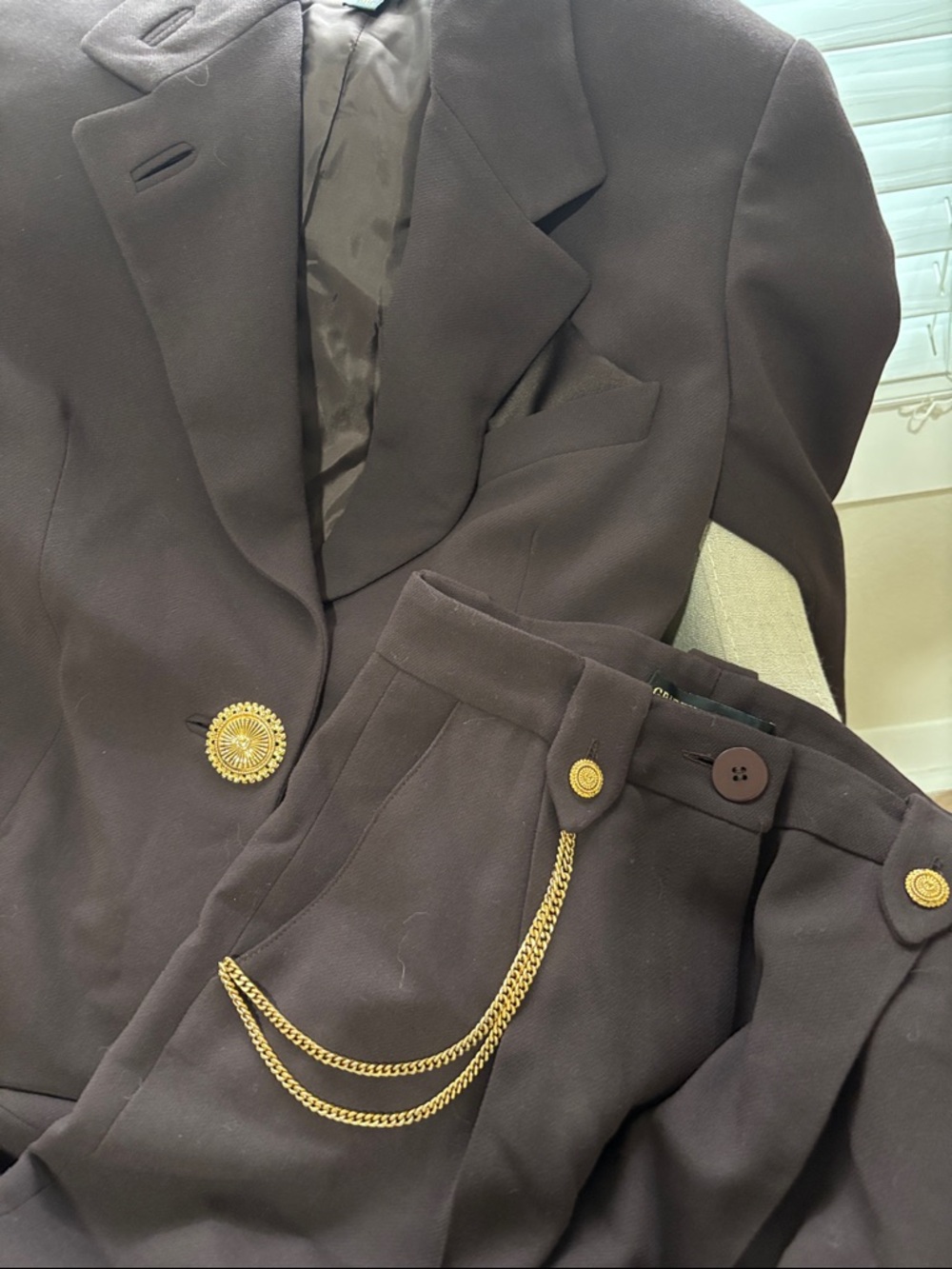 St. John Dark Brown Tailored Skirt with Gold Accent Button